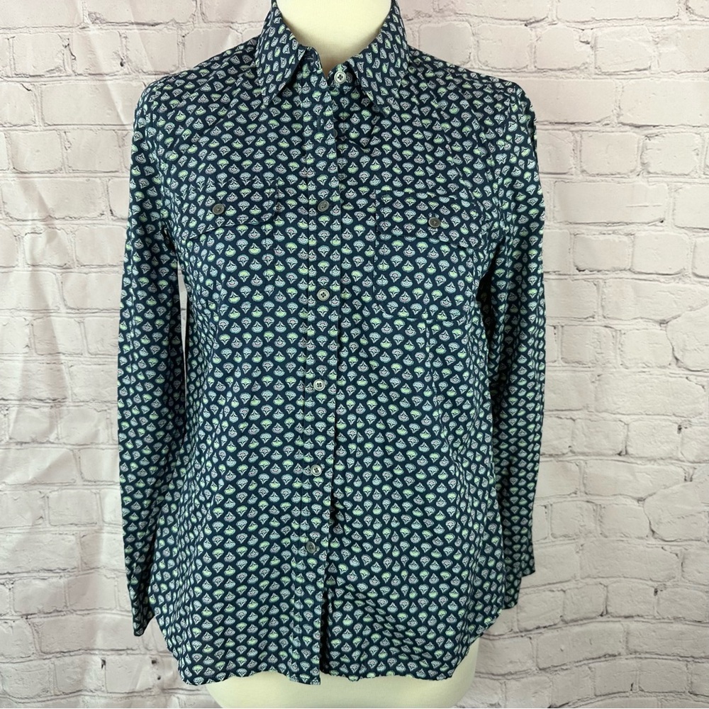 Talbots Navy Petites 8p Button-Front cotton Shirt preppy geometric boho